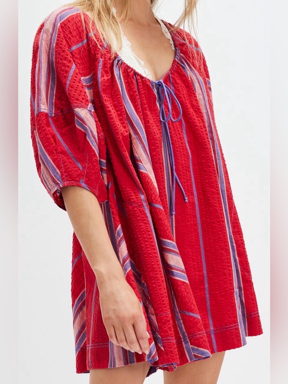 Free People Red and White Plaid Puff-Sleeve Tunic Top